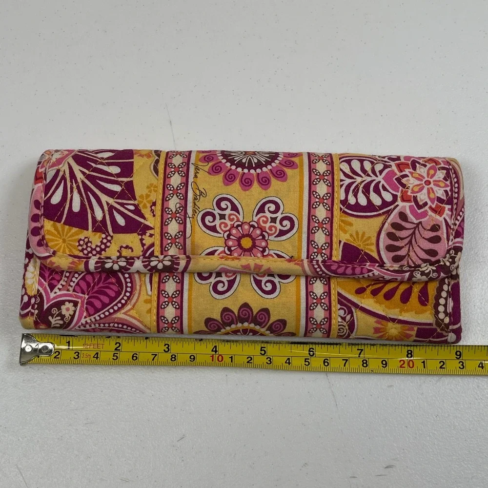 Vera Bradley Bali Gold Tri-Fold Wallet Women Yellow Pink Floral Quilted Cotton - Picture 7 of 8